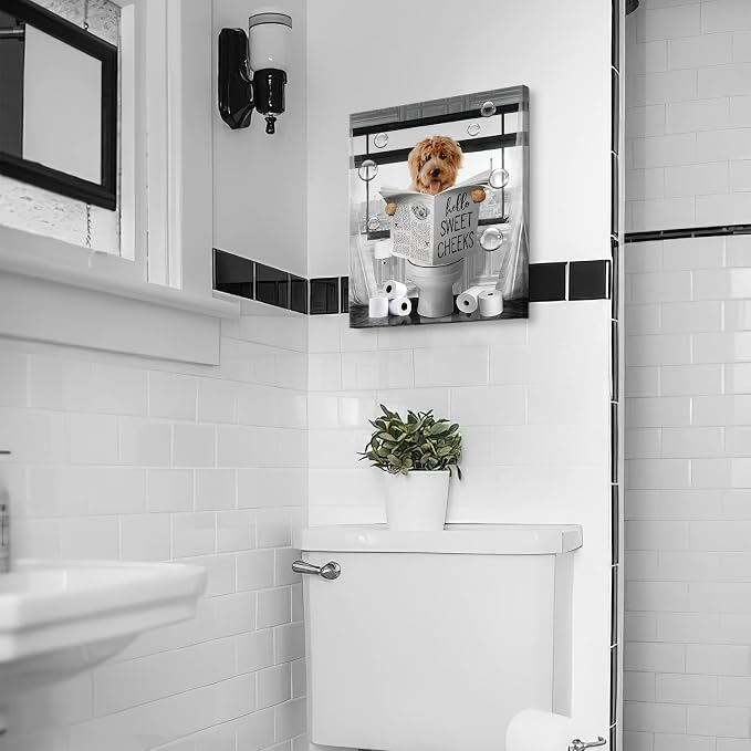 Parylore Funny Dog Wall Art Black and White Dog Bathroom Print Farmhouse Bathroom Animals Wall Decor Dog Sitting in Toilet Reading Newspaper Painting Framed Artwork for Toilet Bathroom 16x24 inch