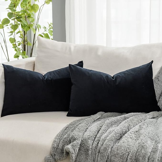 Black Decorative Lumbar Velvet Throw Pillow Covers 12x20 inch Set of 2 with Zipper Luxury Soft Solid Rectangle Cushion Covers Case for Sofa Couch Bed Living Room