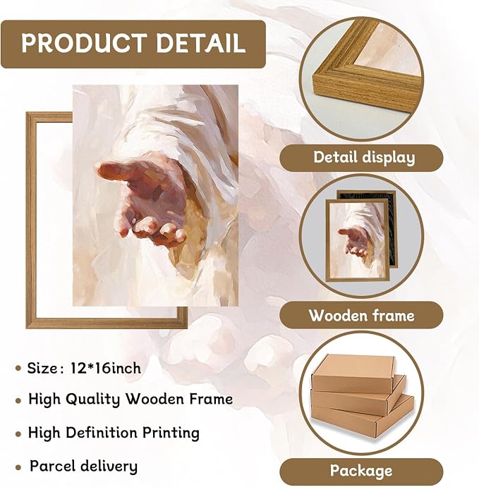 Framed 3D Textured Jesus Wall Art, Christian The Hand of God Wall Decor Paintings, Religion Bible Pictures Posters Prints for Church Prayer Room Living Room Home Decor 12x16 Inch