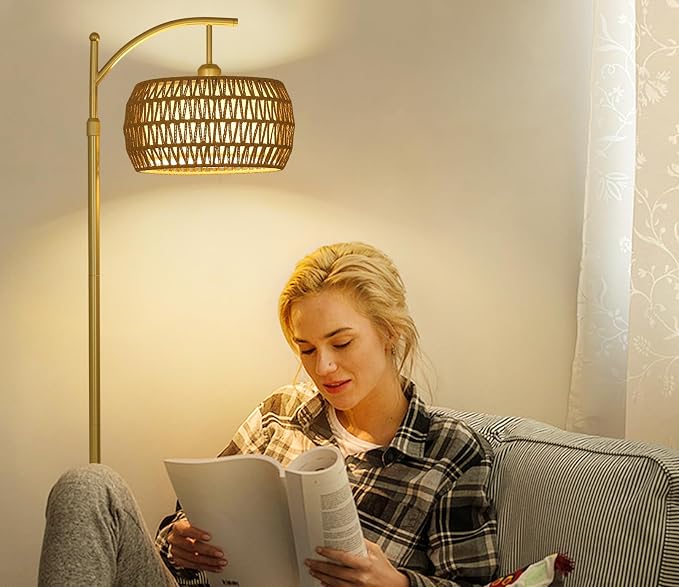 eyassi Arc Floor Lamp with 3 Color Temperatures, LED Gold Floor Lamp with Remote & Stepless Dimmable Bulb, Boho Standing Lamp with Rattan & Fabric Shades, Farmhouse Tall Lamp for Living Room Bedroom