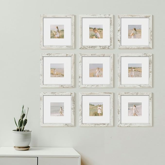 YESKAY 8x8 Picture Frame Set of 9, Photo Gallery Wall Frame Set, Display Pictures 4x4 with Mat or 8 x 8 Without Mat, Square Frame Picture Frames Collage Wall decor, Distressed White