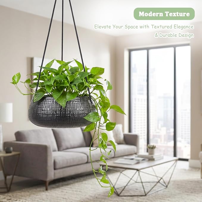 8 Inch Hanging Planter for Indoor Plant, Ceramic Black Flower Pot