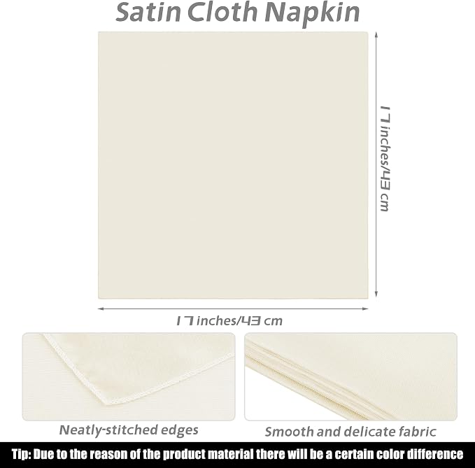 MCEAST Satin Cloth Napkins and Napkin Rings Set of 8, Smooth Fabric Table Napkins and Napkin Holder for Wedding, Birthday Dinner Party, Family Gatherings, Table Decor (Ivory, 17 x 17 Inches)