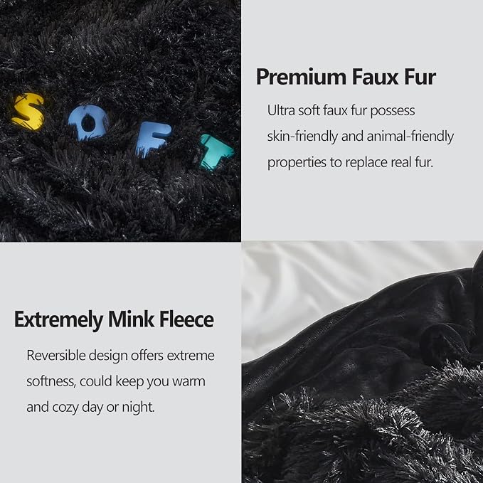 GONAAP Fuzzy Faux Fur Throw Blanket for Couch, Black, 50"x60" | Warm Cozy Plush Shaggy Decorative Reversible Thick Non-Heated Fleece Blanket for Sofa Bed, Gift for Women Men, All Season Use