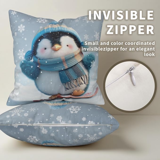 Winter Pillow Covers 16x16 Set of 2 Adorable Skiing Penguins Throw Pillow Covers Snowflakes Pillow Case Double Sided Printing Cushion Case for Home Decor Couch Sofa