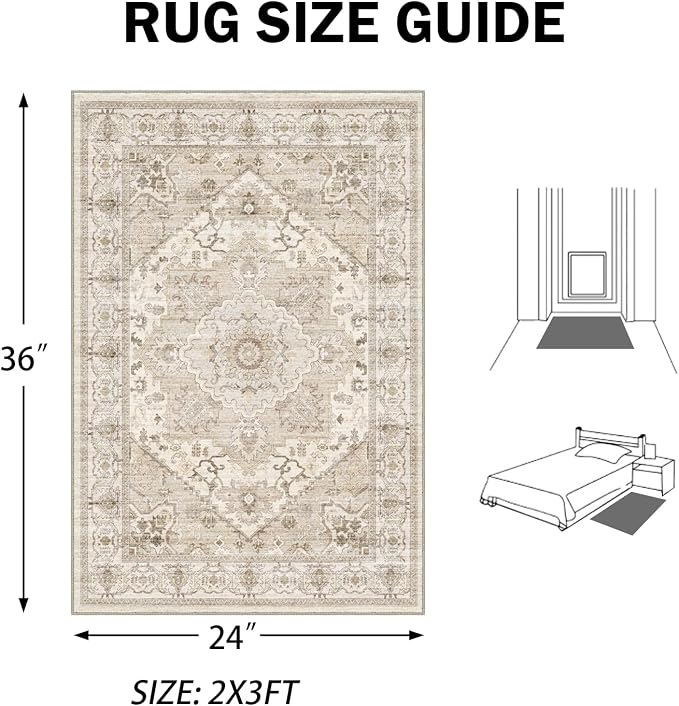 AooHHooA 2x3 Washable Entryway Rug Beige, Soft Stain Resistant 2x3 Boho Rug Vintage Small Rugs for Entryway, Low Pile Lightweight Non-Slip Indoor Door Mat Small Rugs for Bedroom