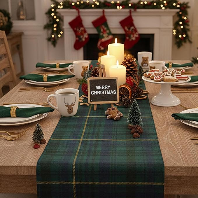 Gilprop 2 Pcs 72 x 13'' Tartan Plaid Table Runner Green and Blue | Vintage Bear Babyshower Birthday Party Dining Decor, Checkered Cloth for Home Kitchen Farmhouse, Reusable Fabric Sets