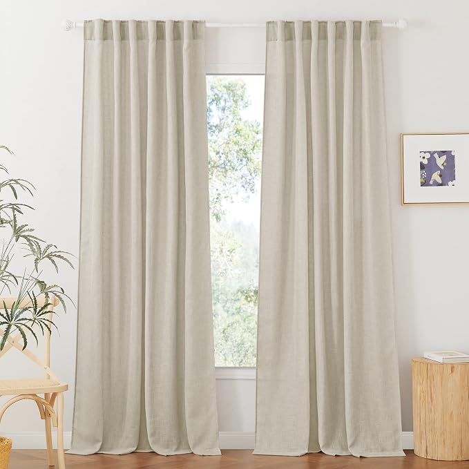 RYB HOME Semi Sheer Curtains for Sliding Glass Door, Linen Texture Farmhouse Country Curtains Brighten Living Space Office Sitting Area Bedroom, Angora, W 52 inch x L 90 inch, 2 Pcs | Flax Linen Blend, Light Filtering, Semi Sheer, Wrinkle Resistance, B...
