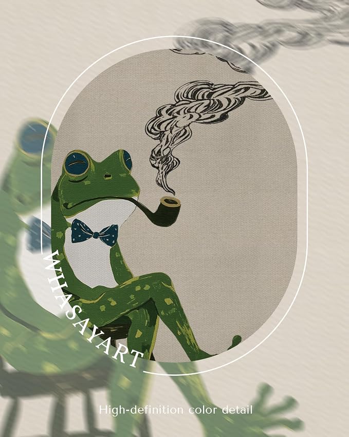 WHASAYART Funny Frog Canvas Wall Art, 12x16 Framed Vintage Animal Painting, Whimsical Frog Pipe with Bow Tie, Retro Surreal Wall Decor for Living Room Bedroom Office Bar Home