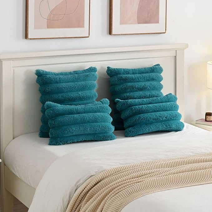 HAUSSY Pack of 2 Pillow Covers 16x16 Inch, Faux Fur Decorative Couch Throw Pillows Soft Striped Plush Cushion Covers Home Decor Cute Furry Pillowcase for Living Room Sofa Bed, Teal (Covers Only)