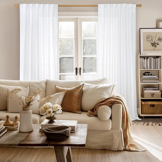 YoungsTex White Linen Semi Sheer Curtains 95 Inches Long 2 Panels Set | Light Filtering Drapes with Rod Pocket Back Tab Floor Length for Bedroom Living Room Window, 52 X 95 Inch