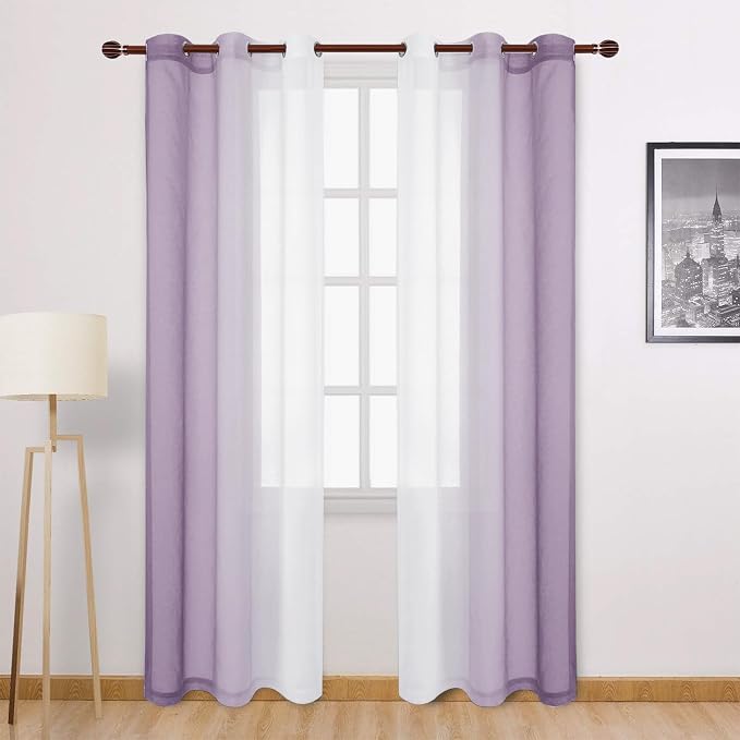 DWCN Ombre Sheer Curtains - 84 inches Long Faux Linen Gradient Semi Voile Curtains for Bedroom and Living Room, Set of 2 Grommet Top Window Curtain Panels, 42 x 84 Inches Long, Lavender