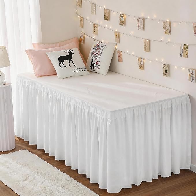 Dorm Room Bed Skirt Twin XL 34" Drop, College Split Corner Bedskirt, White | Solid ruffled, Wrap-around/elastic, Wrinkle & Fade resistant, with Adhesive Strips, Gift Packed, Machine Wash/Tumble Dry/Iron
