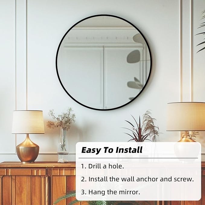 Round Wall Mirror 20 inch, Circle Mirror, Matte Black Metal Frame | Circular Wall Mounted Mirrors for Bathroom, Bedroom, Entryway, Living Room, Fireplace, Vanity, Powder Room, Laundry,Farmhouse