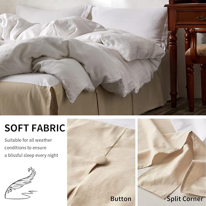 BISELINA French Linen Bed Skirt Split Corner with Button 18-Inch Tailored Drop Natural Flax Cotton Blend Basic Dust Ruffle Soft Cozy (18" Queen,Button Linen)