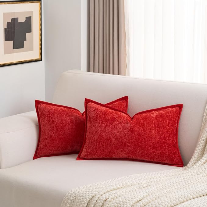 FUTEI Pack of 2 Chenille Soft Throw Pillow Covers 12x20 Inch, Red