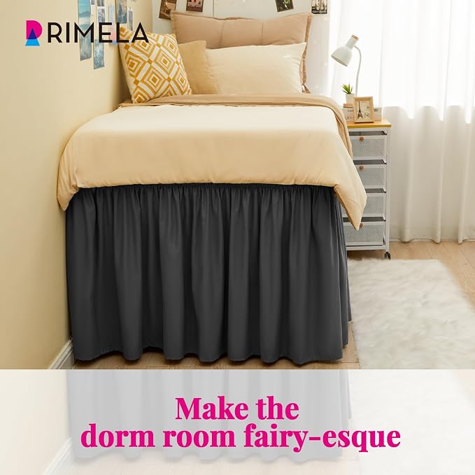 Dorm Bed Skirt Twin XL 32" Drop, College Dorm Room Essentials, Dark Grey | Solid ruffled, Wrap-around/elastic, Wrinkle & Fade resistant, with Adhesive Strips, Gift Packed, Machine Wash/Tumble Dry/Iron