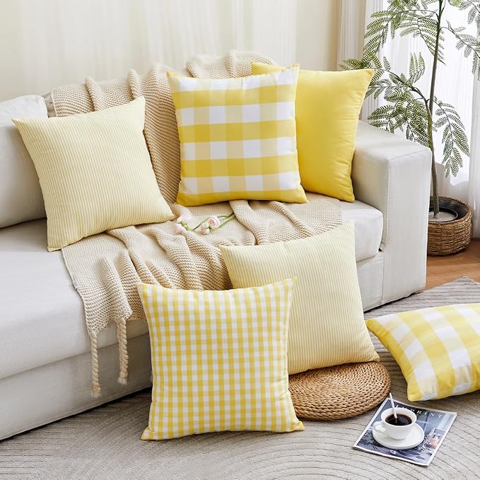 Light Yellow Buffalo Check Summer Plaid Throw Pillow Covers 18x18 Set of 4 | Summer Decorative Pillow Covers 18 x 18 Set of 4, Yellow Room Decor Pillows for Couch Bed,Striped Gingham Buffalo Check Plaid