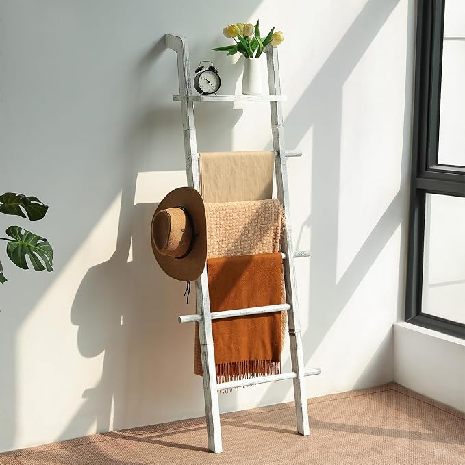 Taozun Wash White Blanket Ladder with Shelf for Living Room, Wall Leaning | 67-Inch Farmhouse Blanket Rack with 5 Pegs for Towels, Quilt and Throws, Wood Blanket Holder for Organization and Display
