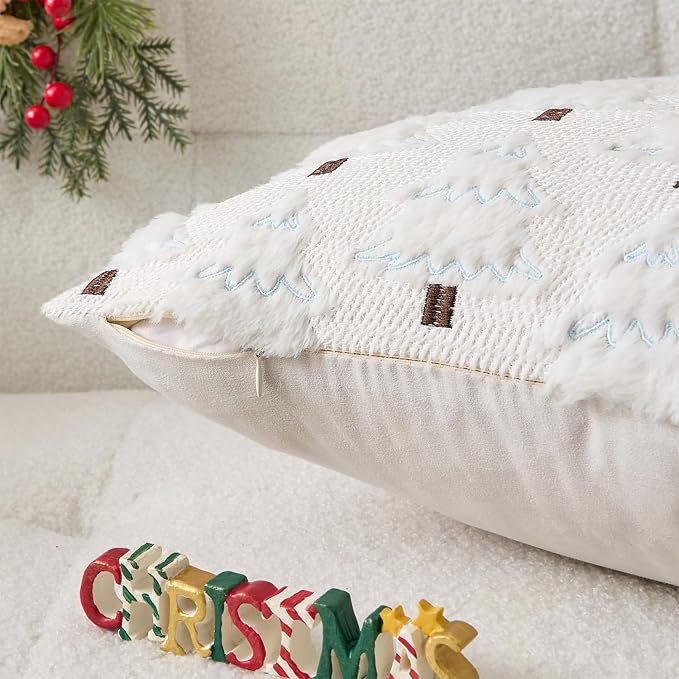 Kevin Textile Christmas Tree Pillow Covers 16x16 Inch Set of 2 Soft Plush Faux Fur with White Snow Embroidery Decoration Pillowcases for Couch Sofa Holiday Festivals Winter Xmas Gift, White Cream