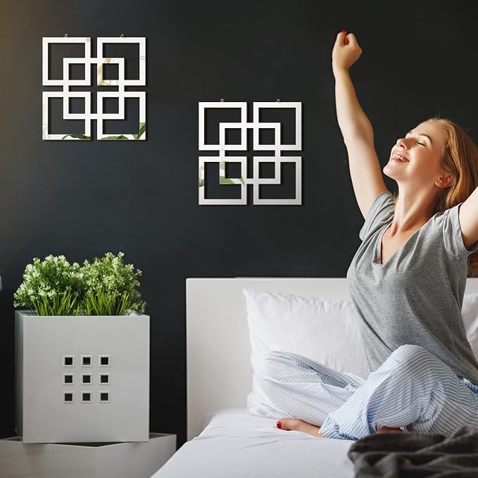 Weysat Wall Mount Home Mirror, 2 Pieces Silver Square Decorative Mirror for Bedroom, Living Room, Bathroom, 11.8 x 11.8 inches | Modern Geometric Cutout Design, Square Decorative Wall Mirror, Wall Mounted Mirror for Bedroom, Living Room, Bathroom