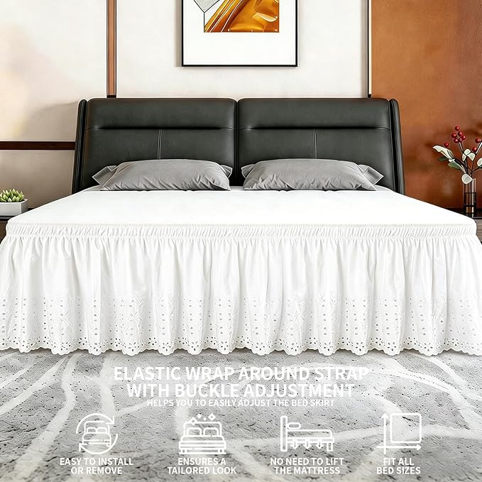 ANARACHON King Bed Skirt, Wrap-Around Elastic Ruffled Eyelet Bed Skirt King Size Dust Ruffle with Gathered Styling and Embroidered Details, 18" Drop Length (White)