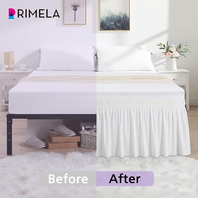 White Bed Skirt Twin Size 15 Inch Drop, Elastic Wrap Around Bedskirt | Solid Ruffled, Easy to Use, No Mattress Lifting, Wrinkle & Fade Resistant, with Adhesive Strips, Machine Wash/Dry/Iron