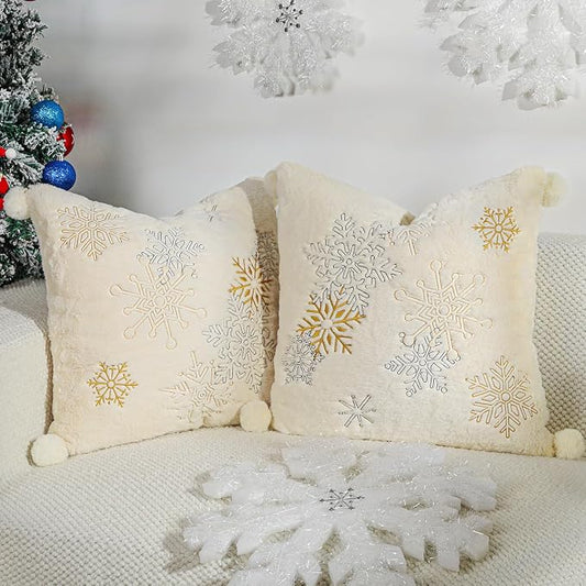 Lewondr Christmas Throw Pillow Cover, 18x18 Inch, Set of 2, Oatmeal | Faux Fur, Cozy Soft, Plush Ball with Luxury Sequins Embroidered Snowflakes, For Bed Home Decor Living Room