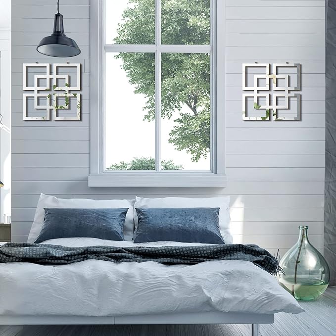 Weysat Wall Mount Home Mirror, 2 Pieces Silver Square Decorative Mirror for Bedroom, Living Room, Bathroom, 11.8 x 11.8 inches | Modern Geometric Cutout Design, Square Decorative Wall Mirror, Wall Mounted Mirror for Bedroom, Living Room, Bathroom