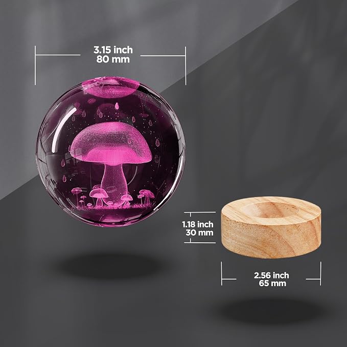 3D Mushroom Crystal Ball Night Light 3.15 inch Glass Ball Lamp with 16 Color Changing Wooden Base and Remote Cute Mushroom Room Table Decor Ideal Gifts for Kids Friends Birthday Christmas