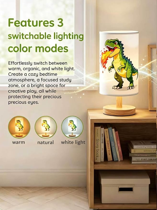 Dinosaur Lamp Kids Lamps for Bedrooms Boys, 3 ColorsNightstand Light Lamp, Round Wood Base Flaxen Fabric Desk Lamp for Kids Room, Dino Lamp Gift for Boy (LED Bulb Included) (Dinosaur)