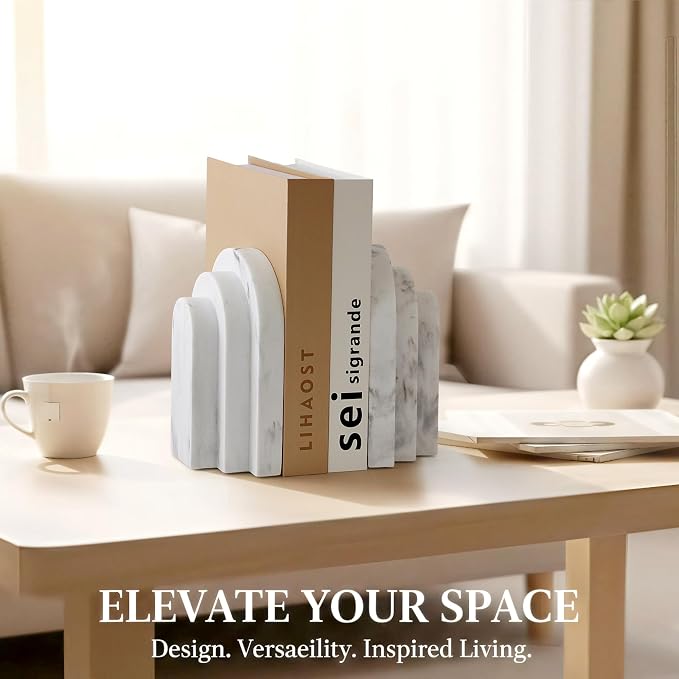 LIN CHUAN Heavy Duty Bookends for Shelves, Set of 2, Marble White Look | Book Ends for Heavy Books, Decorative Book Stopper with Faux Sandstone Finish, Layered Arch Design Bookshelf holder, 6.6 lbs