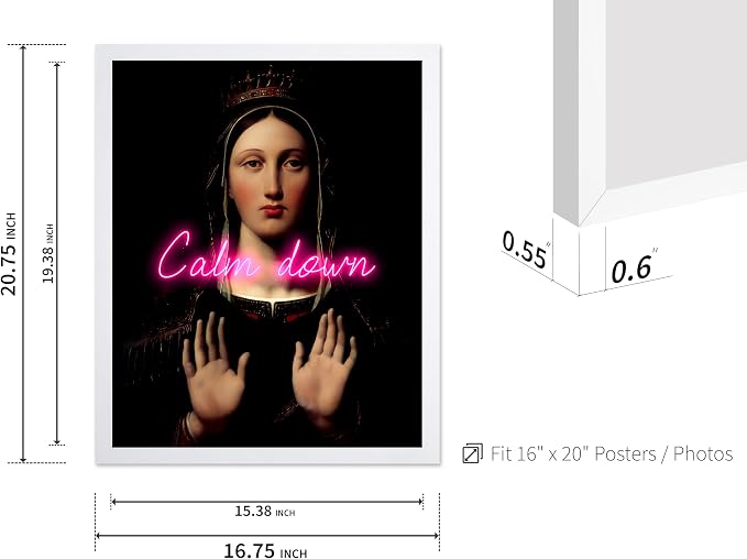 Poster Master Calm Down Print - The Virgin With The Crown Poster - Altered & Pop Art - Housewarming Gift for Men & Women - Chic Decor for Bedroom, Living Room or Dorm - 16x20 White Framed