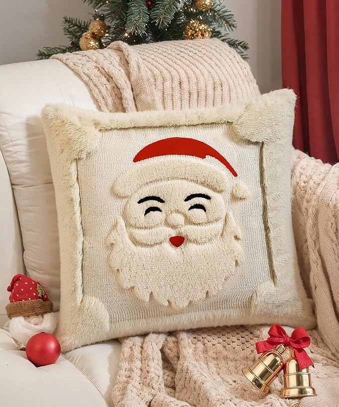 Christmas Pillow Covers Set of 2 Soft Plush Faux Fur Pillow Cases 3D Embroidered Decorative Couch Cover Home Decor Christmas Throw Pillow Covers 18x18,Beige Santa Clauss
