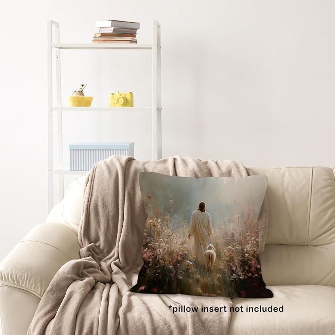 Christian Jesus and Lamb Throw Pillow Covers Gifts 18x18, Jesus Leaves the 99 Sheep Decor Pillow Cases for Bedroom Living Room, Religious Cottagecore Decorative Square Pillowcases for Couch