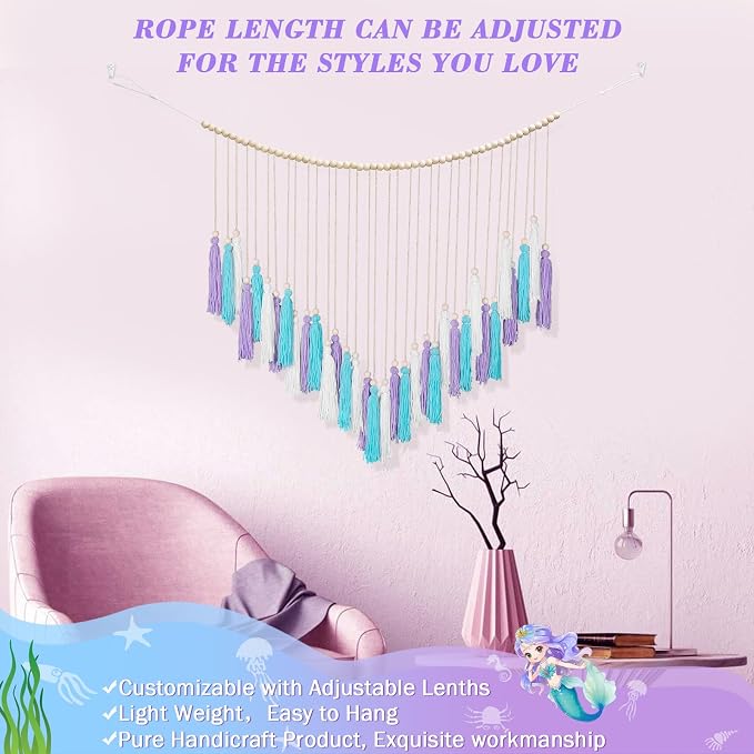 Purple & Blue Macrame Wall Hanging Boho Home Decor, Mermaid Theme Under the Sea Ocean Bedroom Décor Living Room Bohemian Dorm Wall Décor Purple Tassel Pink Wall Décor