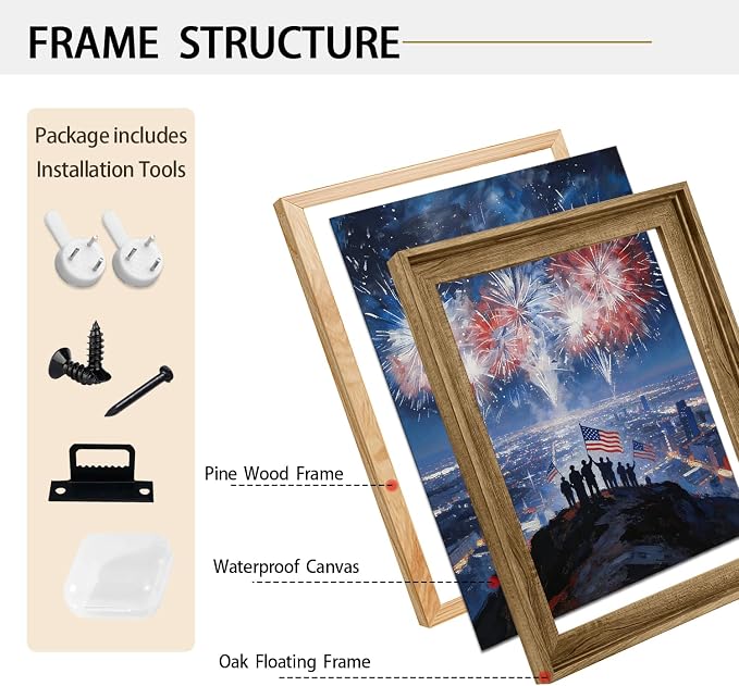 American Flag Framed Canvas Wall Art, 4th of July Patriotic Canvas Prints | Fireworks City View Poster Print, Modern Independence Day Wall Decor for Bedroom Living Room Office 6×8in