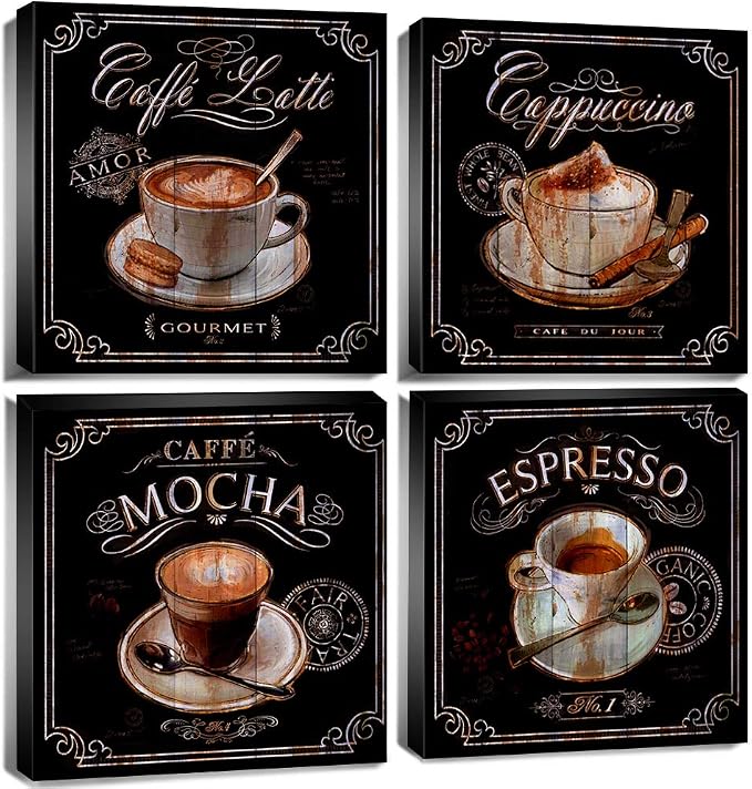 Vintage Coffee Wall Decor Kitchen Bar Wall Art Retro Brown Coffee Picture Latte Mocha Espresso Cup Cafe Signs Canvas Painting Modern Artwork for Dining Room Restaurant Office Home Decoration 16x16" 4P