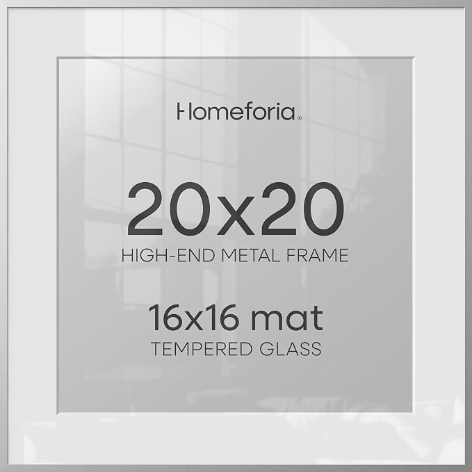Homeforia 20x20 Silver Picture Frame, High-End Metal, 16x16 Mat, Glass
