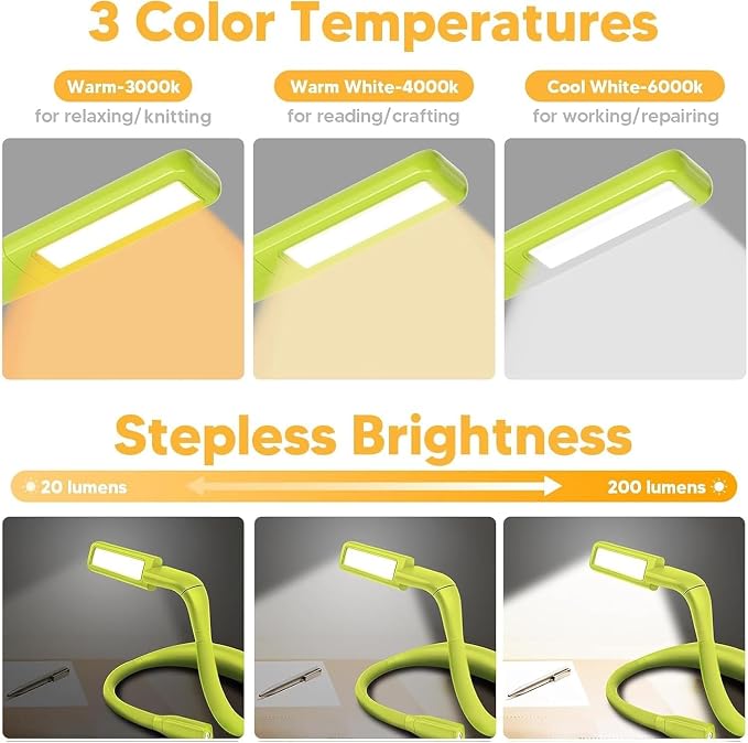 Neck Book Light, Rechargeable Reading Light, 3 Colors Dimmable