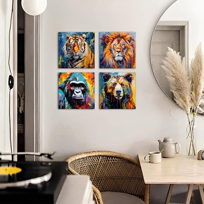 Graffiti Lion Wall Art Colorful Animals Pictures for Living Room Texture Chimpanzees Bear Tiger Wall Decor Kids Bedroom Abstract Forest Wildlife Artwork Living Room Nursery Home Decorations 12x12" 4P