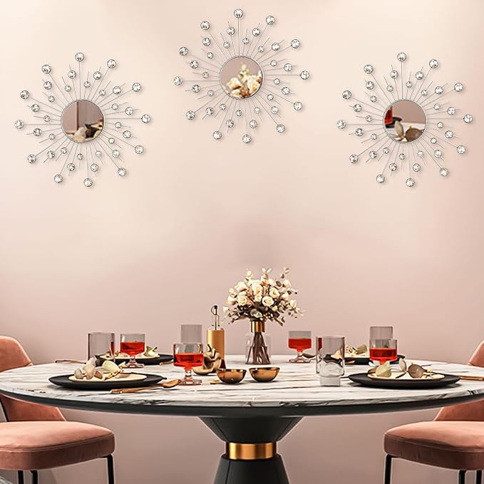 Uaussi 3 Pack Crystal Sunburst Wall Mirror Décor Rhinestone Mirrors Decorative Home Wall Art for Living Room Bedroom Entryway(Crystals Silver)