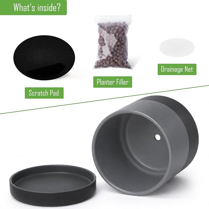 D'vine Dev 10 Inch Ceramic Planter Pot, Slate, 94-O-E-5 | Modern Cylinder Design, Drainage Hole & Saucer Included, Stable Structure, Elegant Home Accent