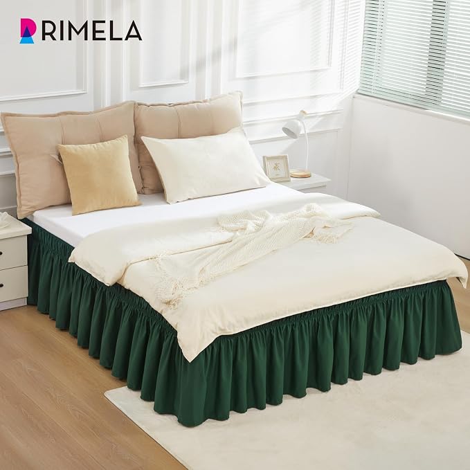 Dark Green Bed Skirt King Size 15" Drop, Elastic Wrap Around Bedskirt | Solid Ruffled, Easy to Use, No Mattress Lifting, Wrinkle & Fade Resistant, with Adhesive Strips, Machine Wash/Dry/Iron
