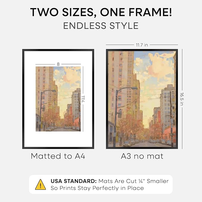 Homeforia A3 Black Picture Frame, High-End Metal, A4 Mat, Glass