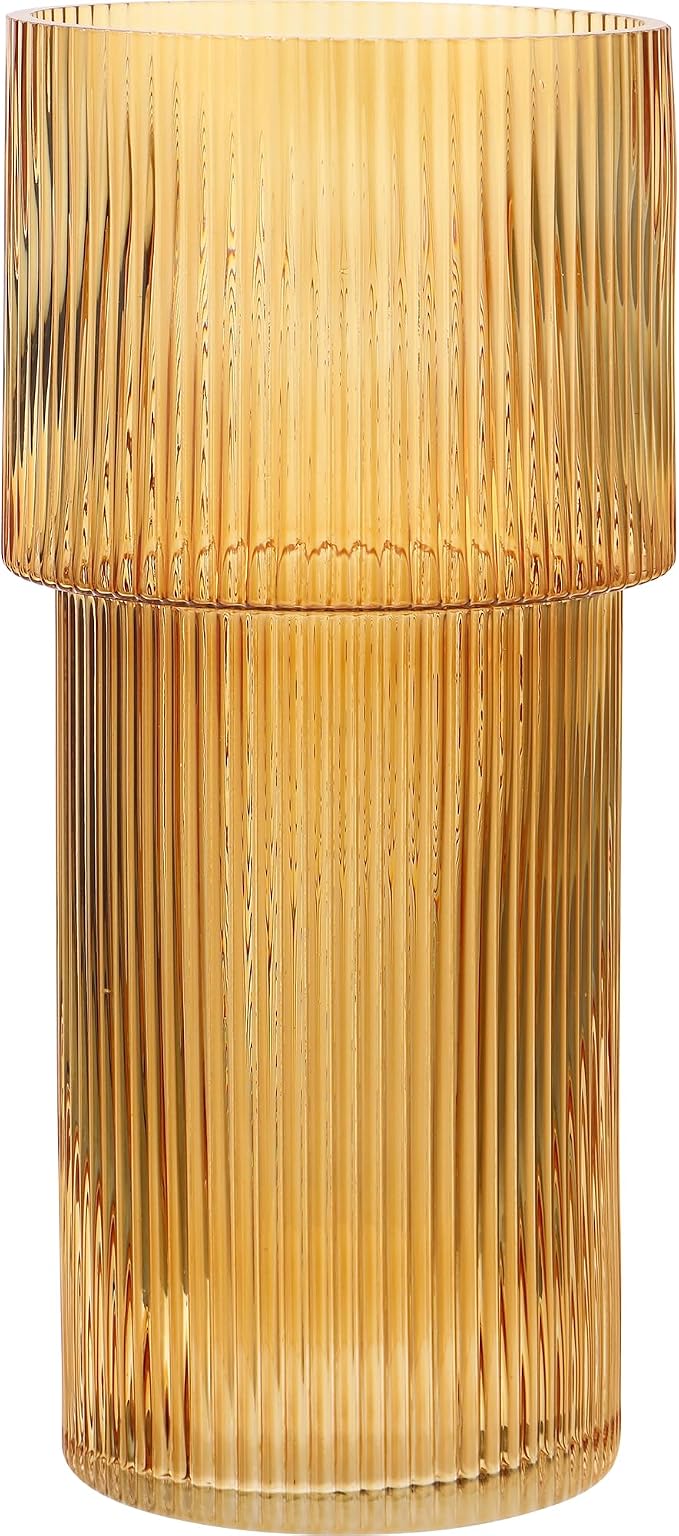 Large Glass Vase, 12 Inches Tall Vase for Flowers, Amber Flower Vases for Bouquet, Modern Amber Glass Vases for Living Room, Dining Table, Office, Entryway, Mantle, Shelf, Wedding Gifts