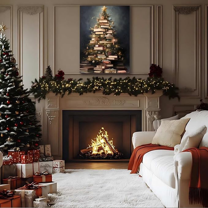 Creative Christmas Book Tree Pictures 24x36, Modern Framed Canvas Wall Art for Living Room Wall Decor, Winter Cottagecore Paintings for Bedroom Bathroom, Xmas Holiday Decorations Gifts