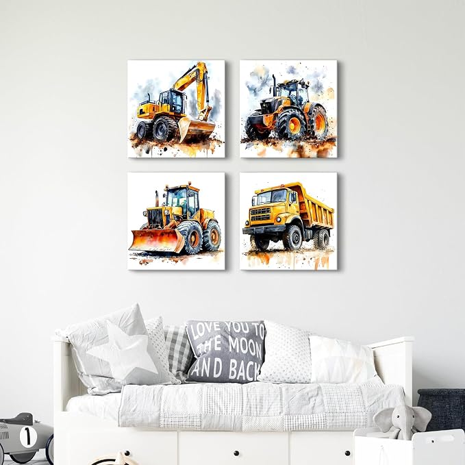 Watercolor Construction Truck Wall Art Boys Bedroom Decor Excavator Bulldozer Tractor Canvas Prints Pictures Kids Room Playroom Transportation Car Theme Paintings Artwork Home Decorations 16x16” 4Pcs