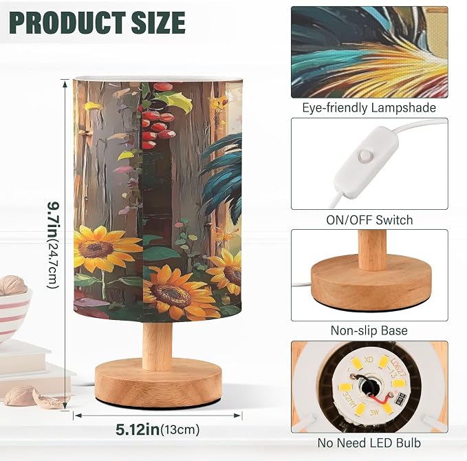 ALAZA Rooster Sunflower Floral Decor Bedside Table Lamp with USB Port for Bedroom Nightstand Office Desk LED Bulb Included