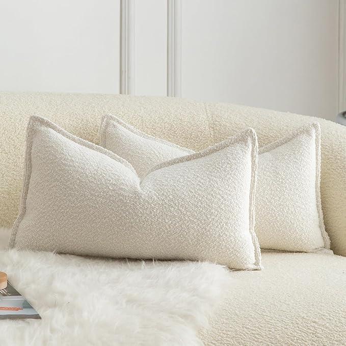 MANDIOO Pack of 2 Decorative Throw Pillow Covers Accent Solid Woven Textured Cushion Covers Pillow Cases Bedroom Living Room Sofa Home 12 x 20 Inch Cream White